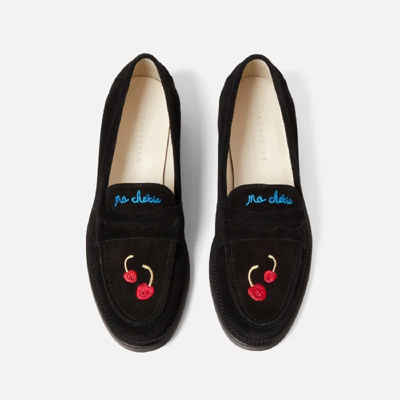 women shoes for casual holiday parties-Wilde Black Suede Cherry Penny Loafer - Women's