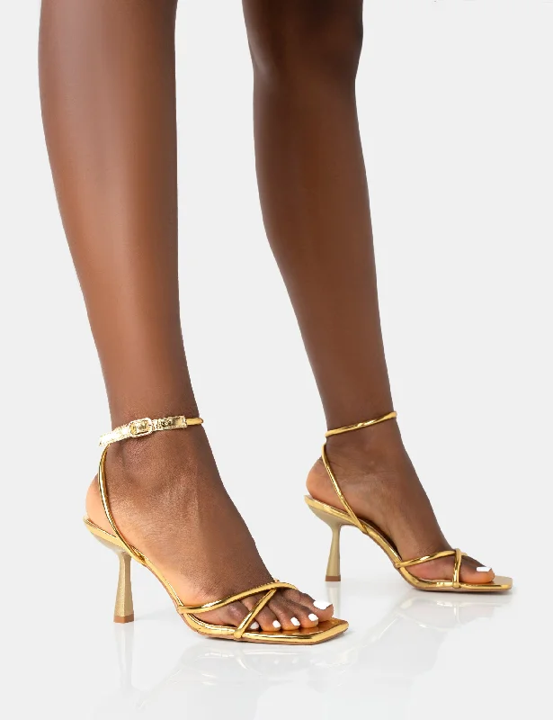 women shoes for busy professionals-Bree Gold PU Barely There Square Toe Mid Stiletto Heels