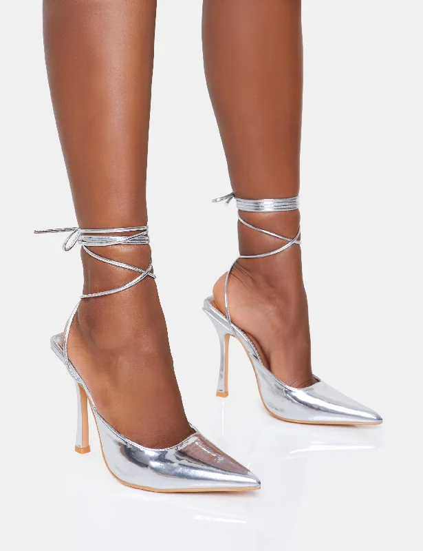 women shoes for casual holiday gatherings-Verity Wide Fit Silver Slingback Lace Up Pointed Court Stiletto Heels