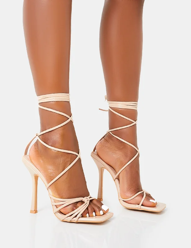 women shoes for comfortable running-Solange Nude Patent Lace Up Strappy Square Toe High Heels