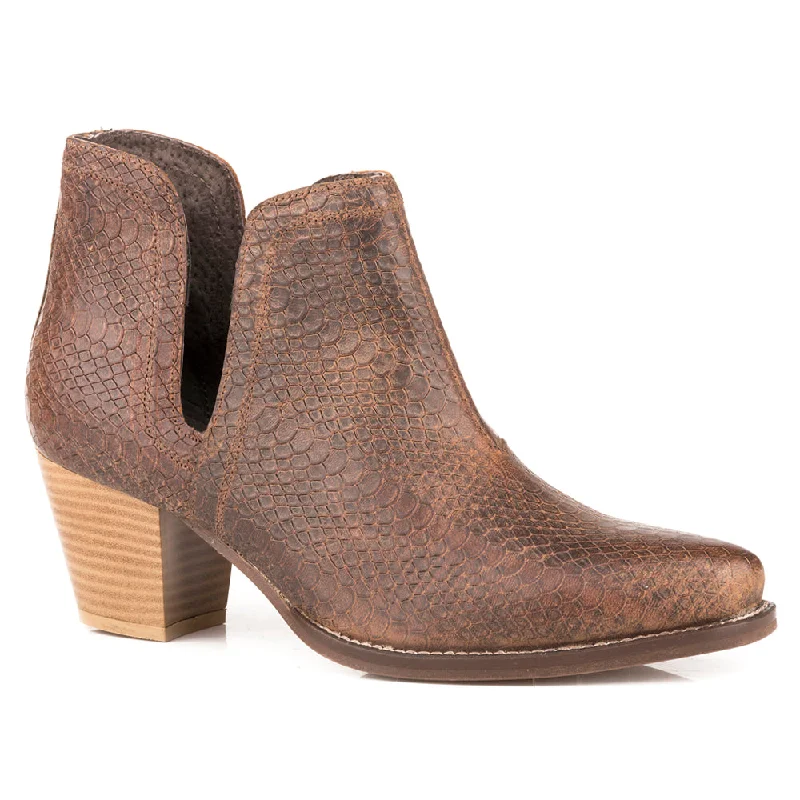 women shoes for outdoor adventures and walks-Rowdy Western Snake Print Snip Toe Bootie.