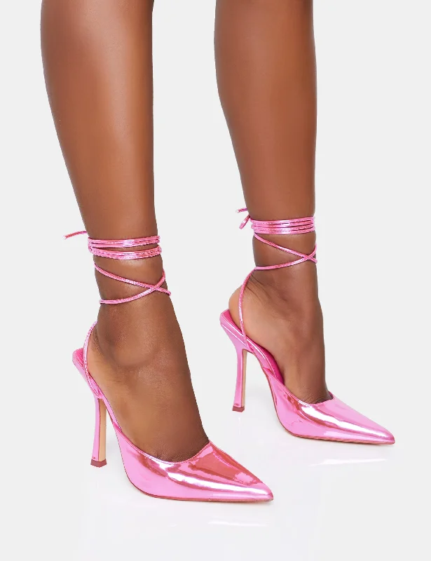 women shoes for elegant fall and winter looks-Verity Pink Metallic PU Slingback Lace Up Pointed Court Stiletto Heels