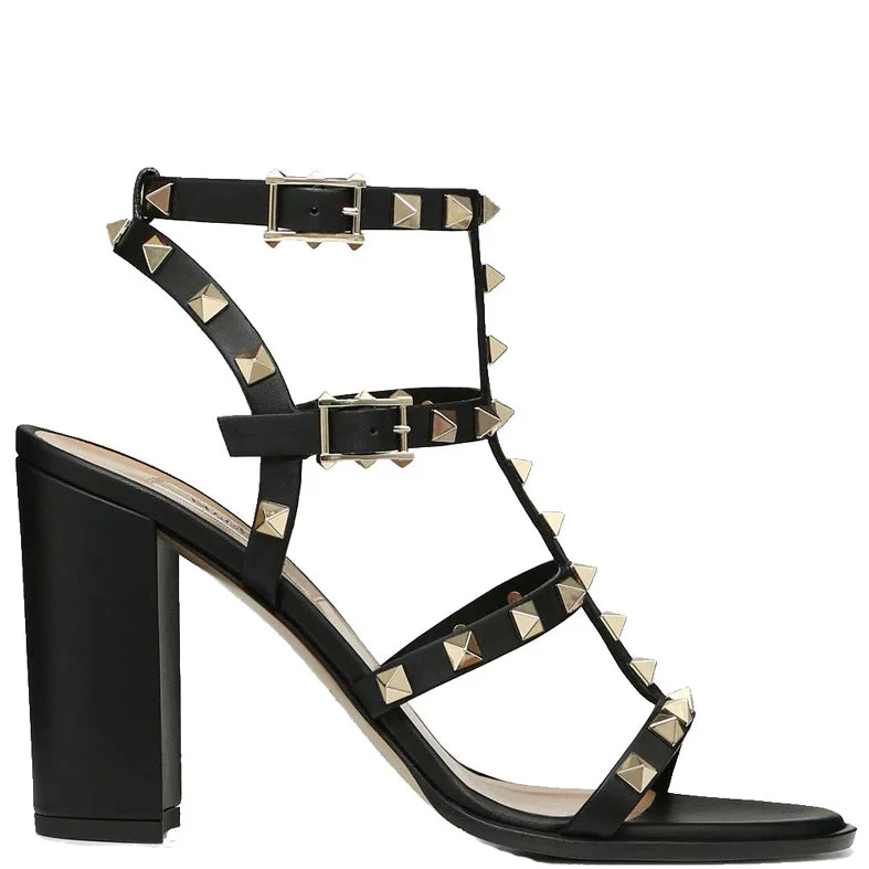 women shoes with classic and timeless style-Rockstud Gladiator Block 90 Nappa, Black