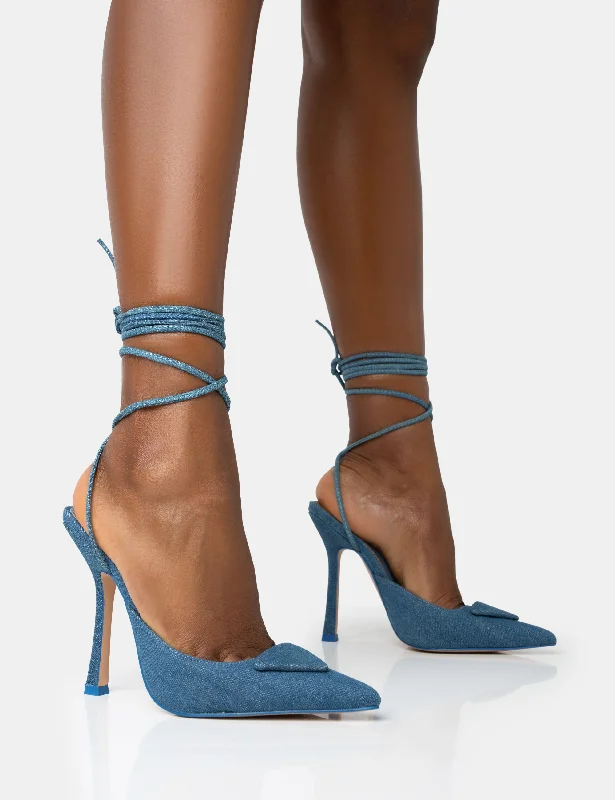 women shoes for stylish beachwear-Vada Blue Denim Slingback Lace Up Pointed Court Stiletto Heels