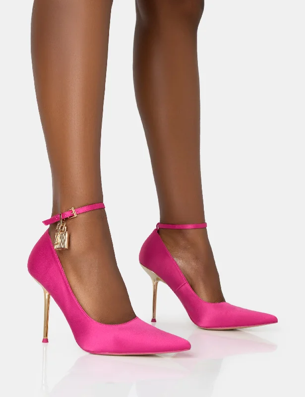 women shoes for trendy spring and summer vibes-Lotty Hot Pink Satin Padlock Ankle Detail Pointed Court Stiletto Heels