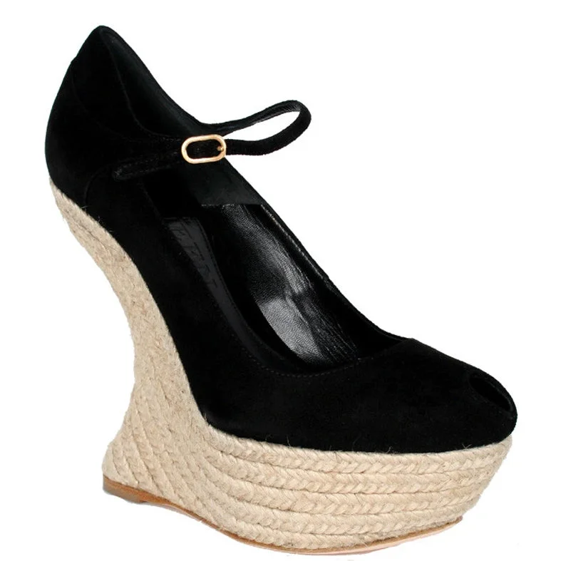 women shoes for professional office attire-Armadillo Curved Espadrille Wedge, Black