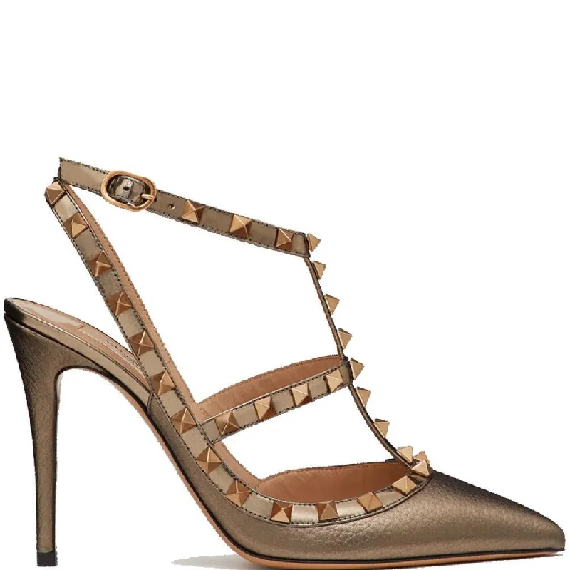 women shoes with soft leather material-Rockstud Slingback Metallic, Sasso