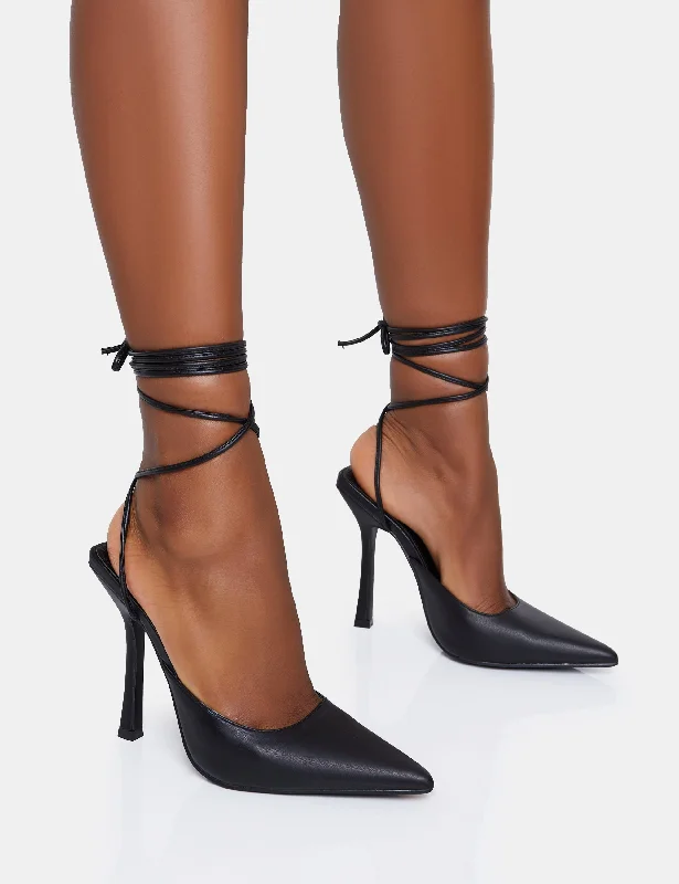 women shoes for fall season fashion-Verity Black Pu Slingback Lace Up Pointed Court Stiletto Heels