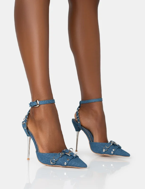 women shoes for casual day trips-Prowl Blue Denim Strappy Metal Detailed Slingback Court Stiletto Heels