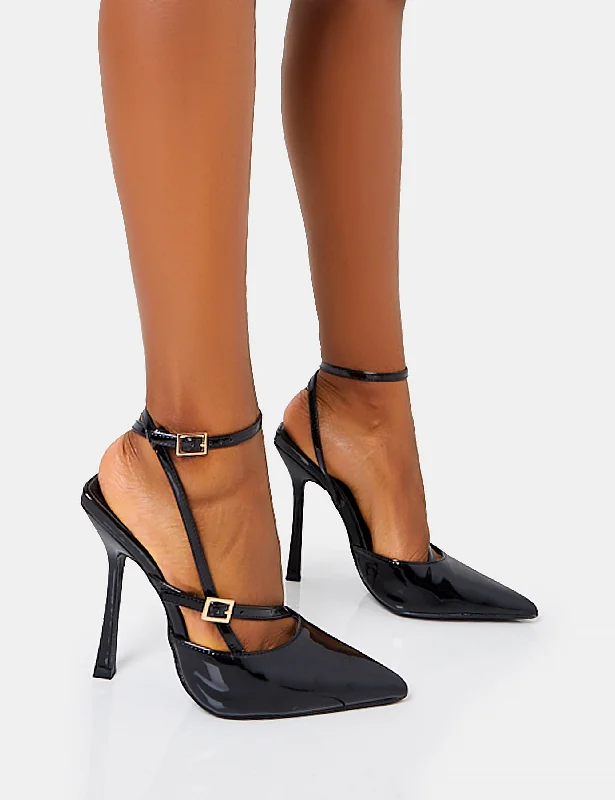 women shoes for sleek and smooth designs-Idol Black Patent Buckle Strappy Detail Stiletto Court High Heels