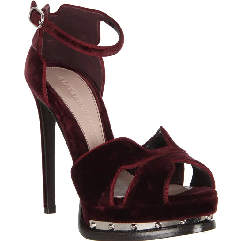 women shoes for trendy business events-Mod Metal Platform Sandal Velvet, Burgundy