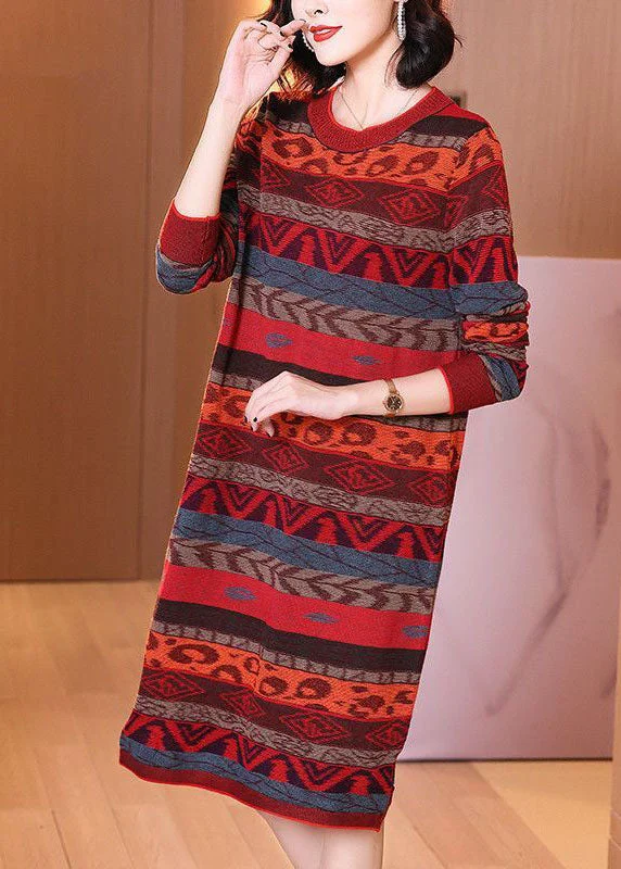 women’s casual winter dresses-Style Red O-Neck Striped Thick Long Knit Dress Long Sleeve