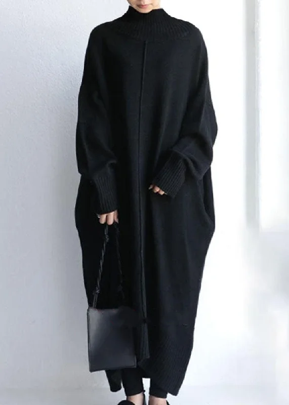 women’s elegant formal cardigans-Black Long Knit Dress High Neck Oversized Spring