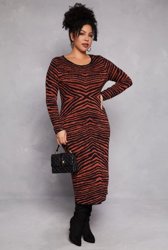 women’s cozy weekend fashion-Plus Size Almost Famous Zebra Print Sweater Dress