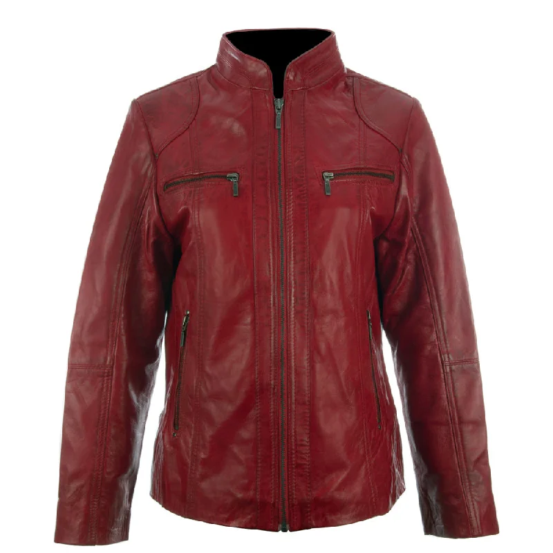 women’s casual knit tops-OBFQ Women's Biker Jacket - Red