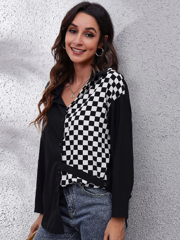 women’s cozy woolen jackets for winter-Printed Collared Neck Long Sleeve Shirt