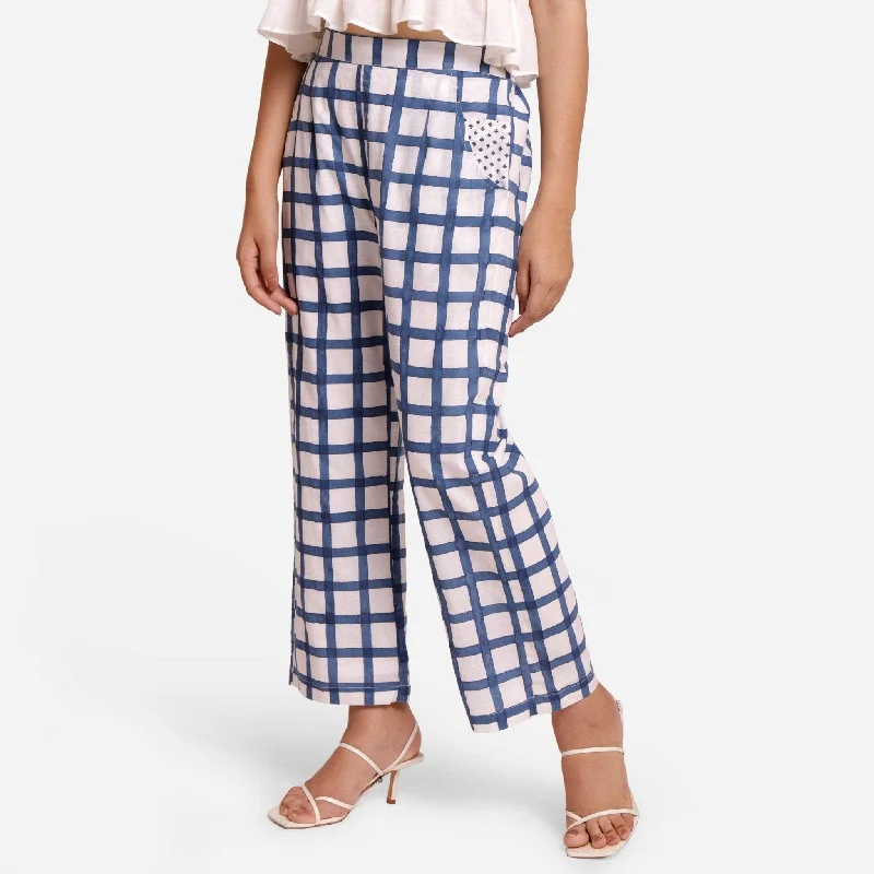 women’s comfortable knit skirts-White and Blue Checks Block Print Ankle Length Cotton Pant