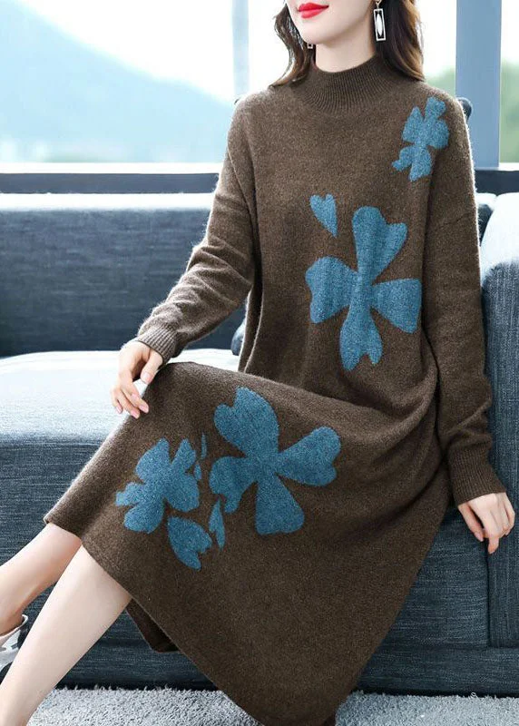 women’s cozy knit cardigans for winter-Coffee Cashmere Long Sweater Dress Stand Collar Embroideried Long Sleeve