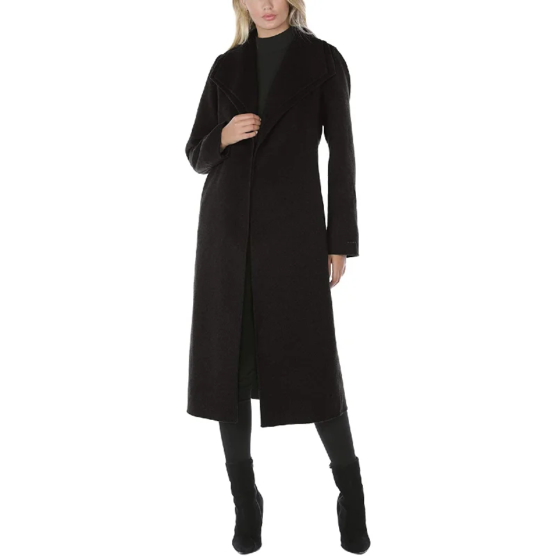 women’s trendy sweater tops-Tahari Women's Black Double Layered Collar Wool Long Coat