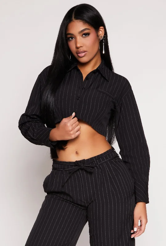 women’s trendy slip-on shoes-Pinstripe Cropped Shirt