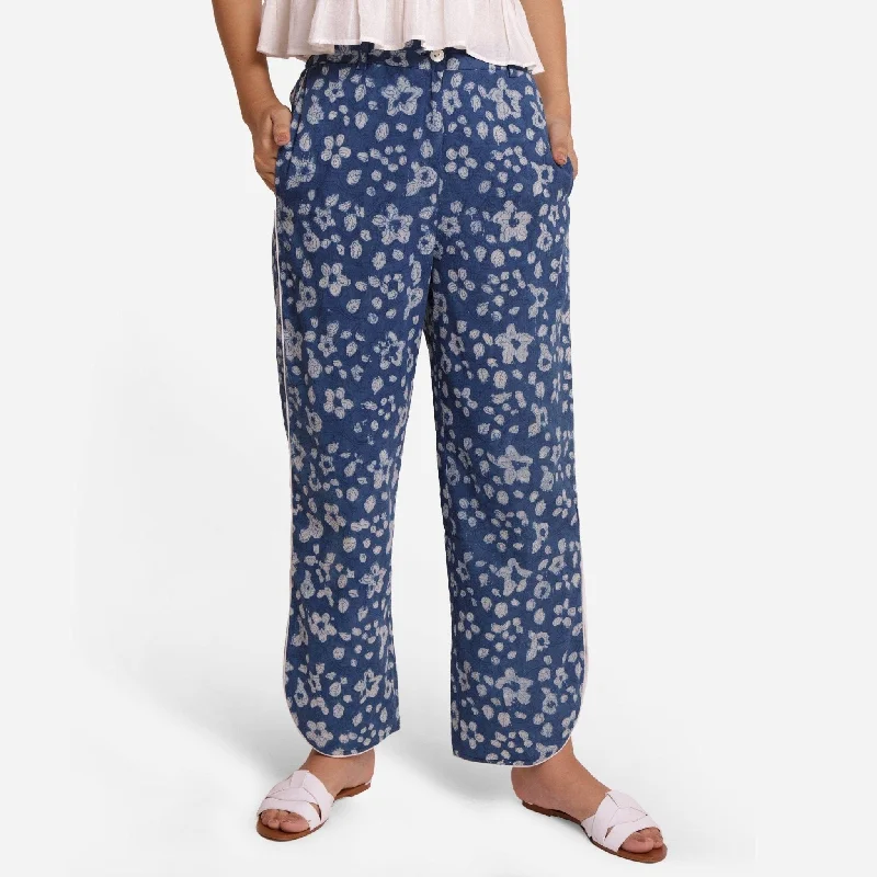 women’s stylish party tops-Indigo Floral Cotton Block Printed High-Rise Pant