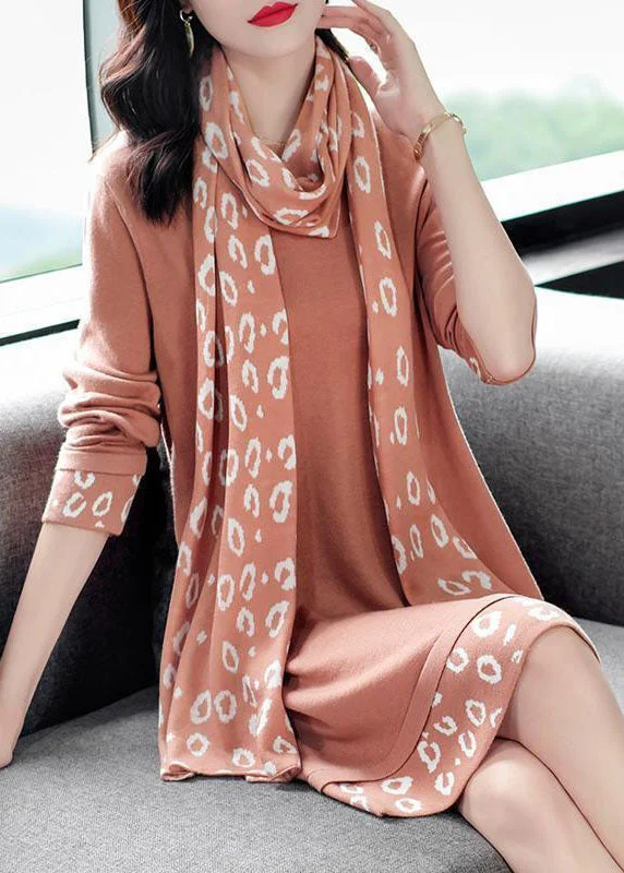 women’s stylish formal dresses for office-Bohemian Pink O-Neck Patchwork Scarf Long Knit Dress Long Sleeve