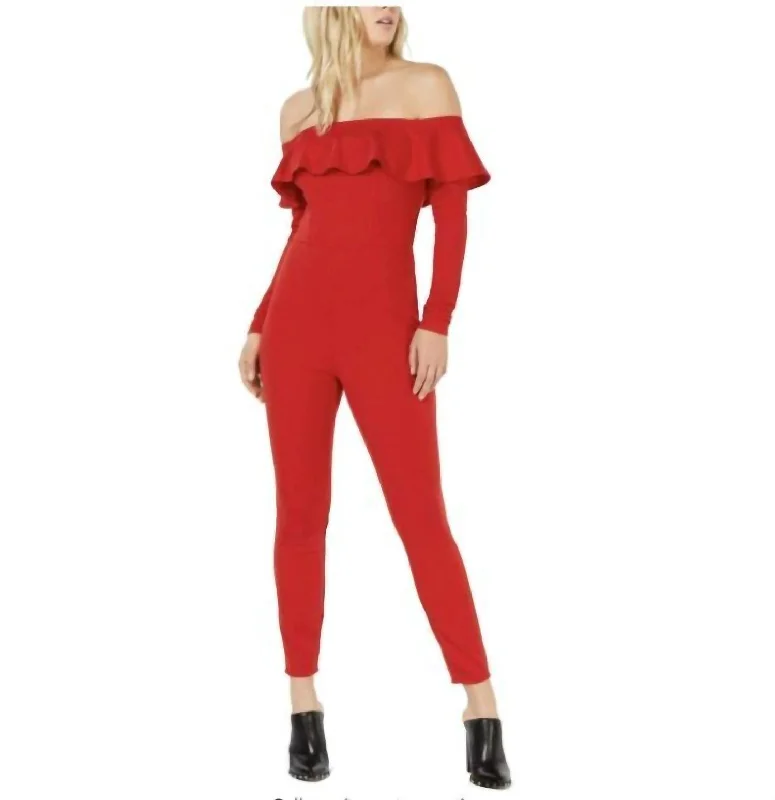 women’s casual fashion pants-Off The Shoulder Ruffle Jumpsuit In Red