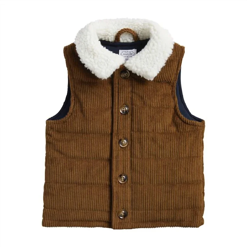 women’s cozy fashion shoes-Boy's Sherpa Collar Corduroy Vest In Dark Tan