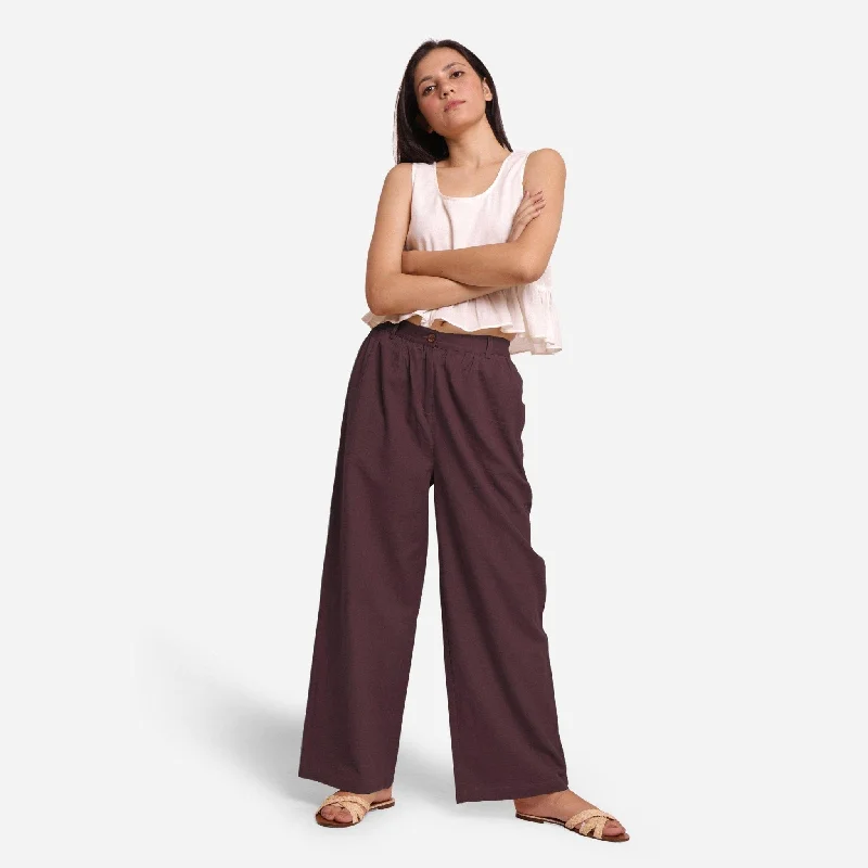 women’s elegant formal dresses for winter-Brown Cotton Flax Elasticated Wide Legged Pant