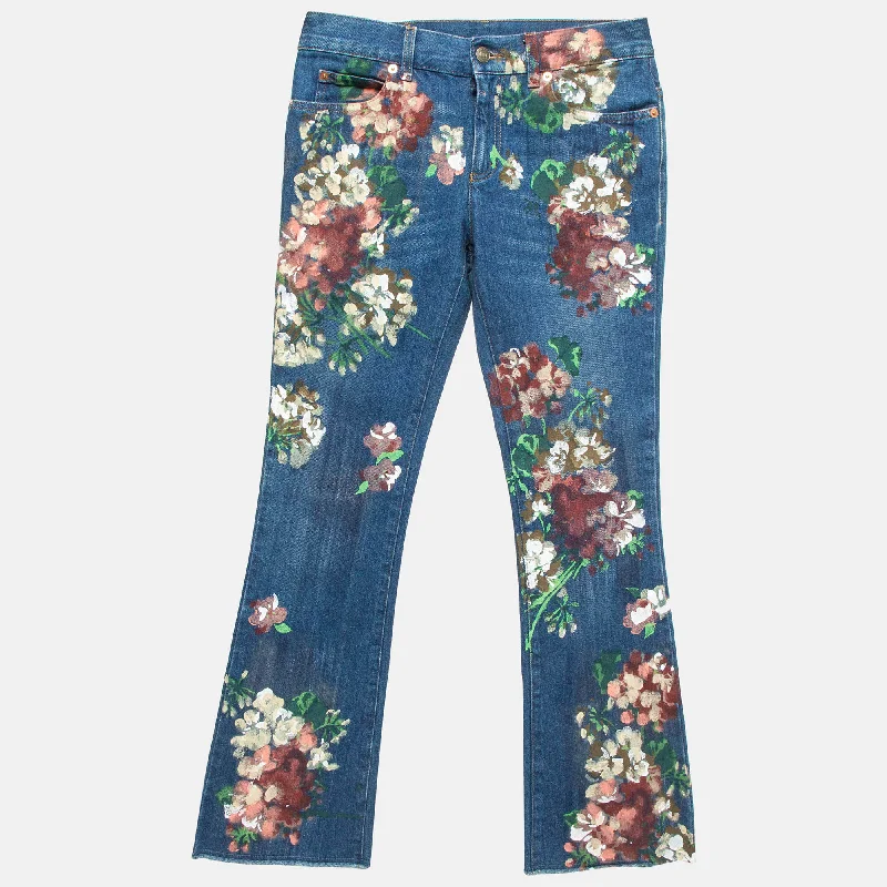 women’s stylish office cardigans-Gucci Blue Floral Hand Painted Denim Jeans