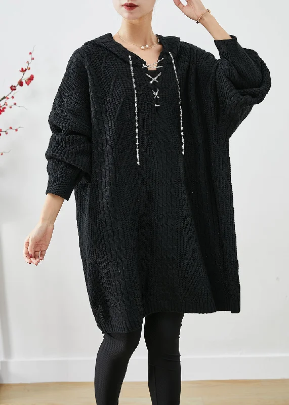 women’s chic sweater outfits for fall-Black Loose Knit Long Sweater Dress Hooded Fall