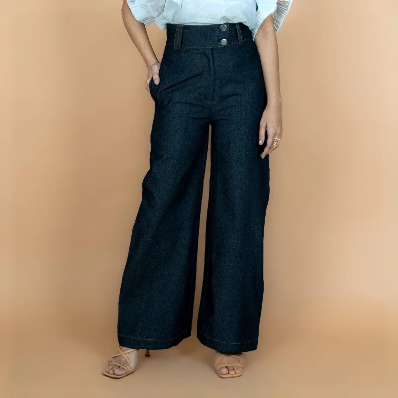 women’s comfortable winter skirts-Indigo Cotton Denim High-Rise Flared Wide Legged Pant