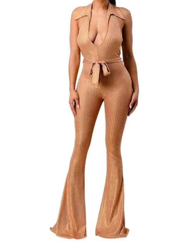 women’s chic holiday dresses-Lurex Rib Deep V-Line Disco Jumpsuit In Gold