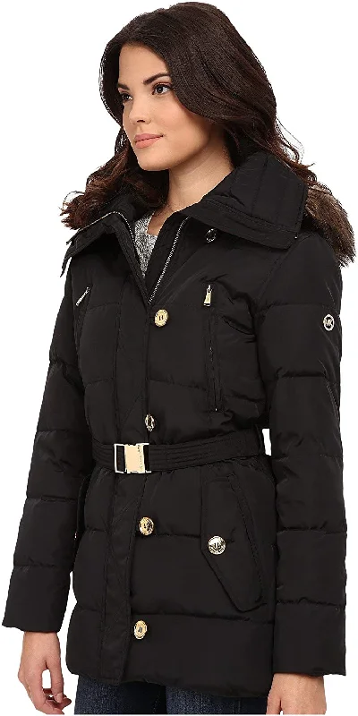 women’s elegant formal dresses for winter-Michael Kors Fur Trim Hooded Down Coat-Black