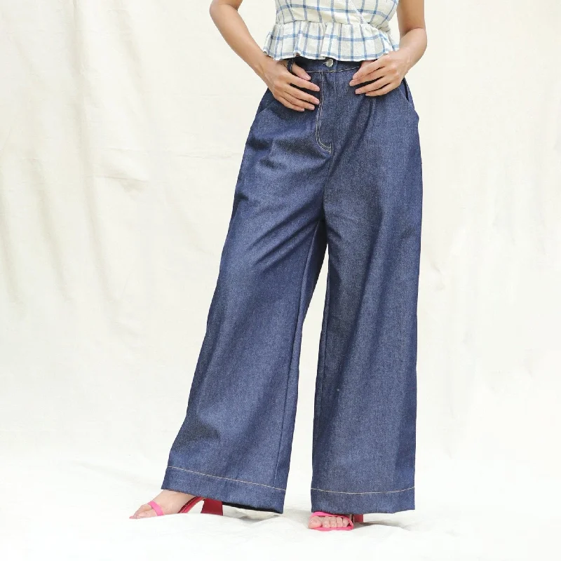 women’s fashionable chic skirts-Indigo Cotton Denim High-Rise Elasticated Wide Legged Pant