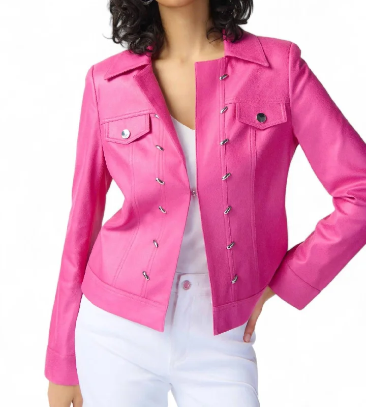 women’s elegant printed pants-Foiled Suede Jacket With Metal Trims In Bright Pink