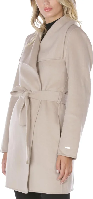 women’s cozy woolen sweaters for fall-TAHARI Women's Wool Wrap Coat with Tie Belt, Soft Almond, Large