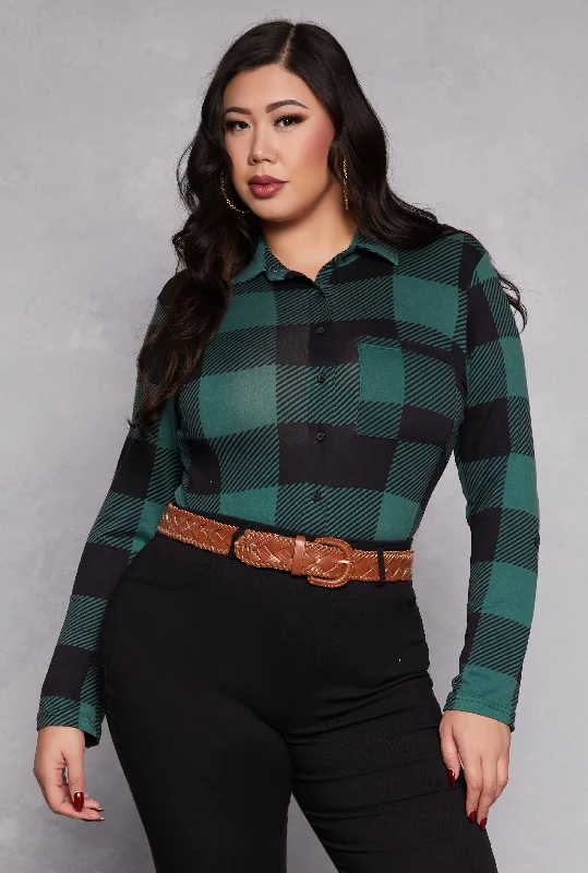 women’s formal wool coats-Plus Size Buffalo Plaid Tabbed Sleeve Shirt