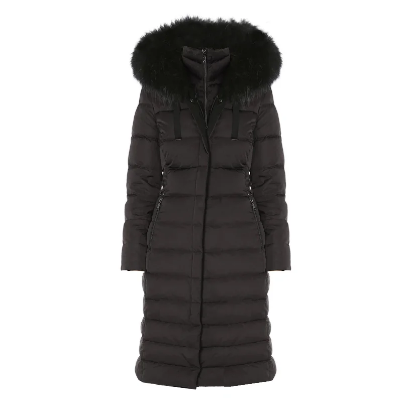 women’s casual holiday outfits-T Tahari Women's Black Nelly Maxi Puffer Coat Hooded Faux Fur Trim