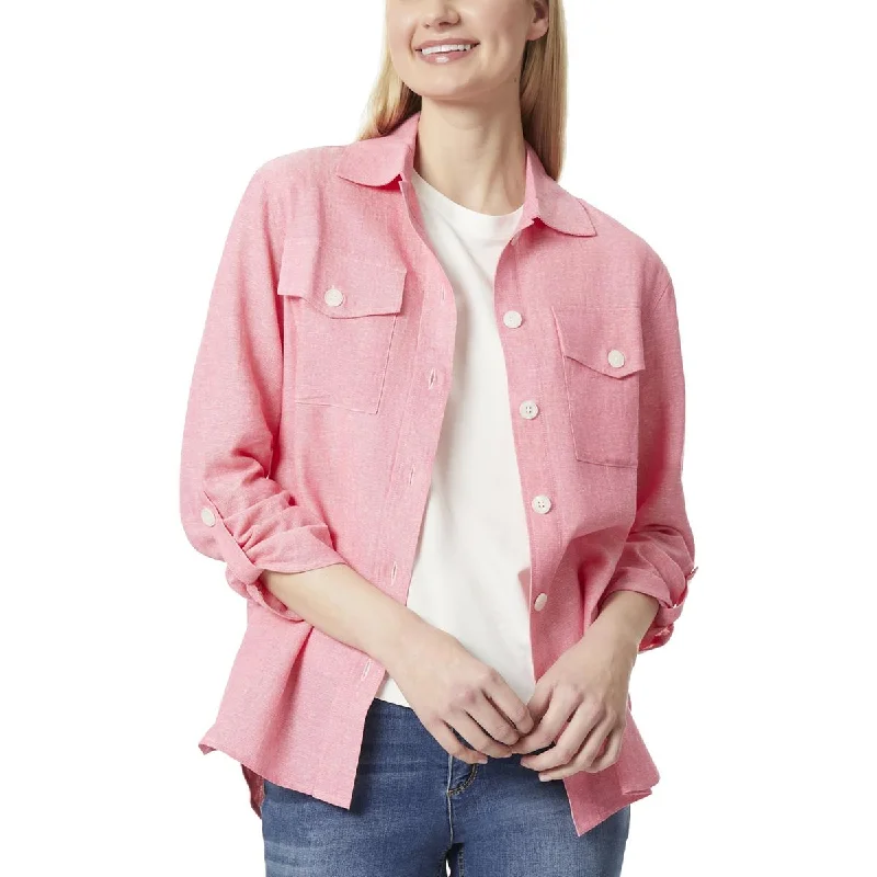 women’s stylish fall skirts-Jones New York Womens Button-down Rolled Sleeve Shirt Jacket