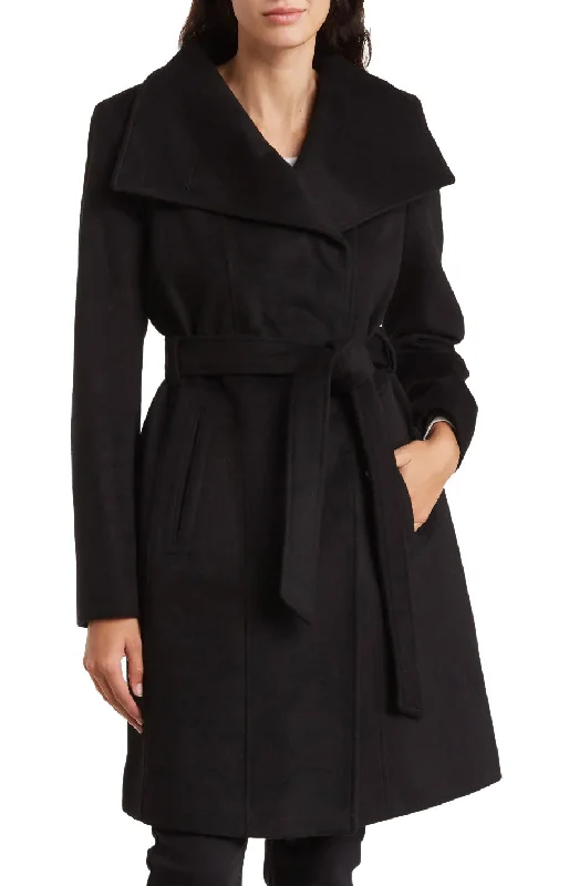 women’s casual work cardigans-Michael Michael Kors Wool Belted Wrap Solid Black Coat