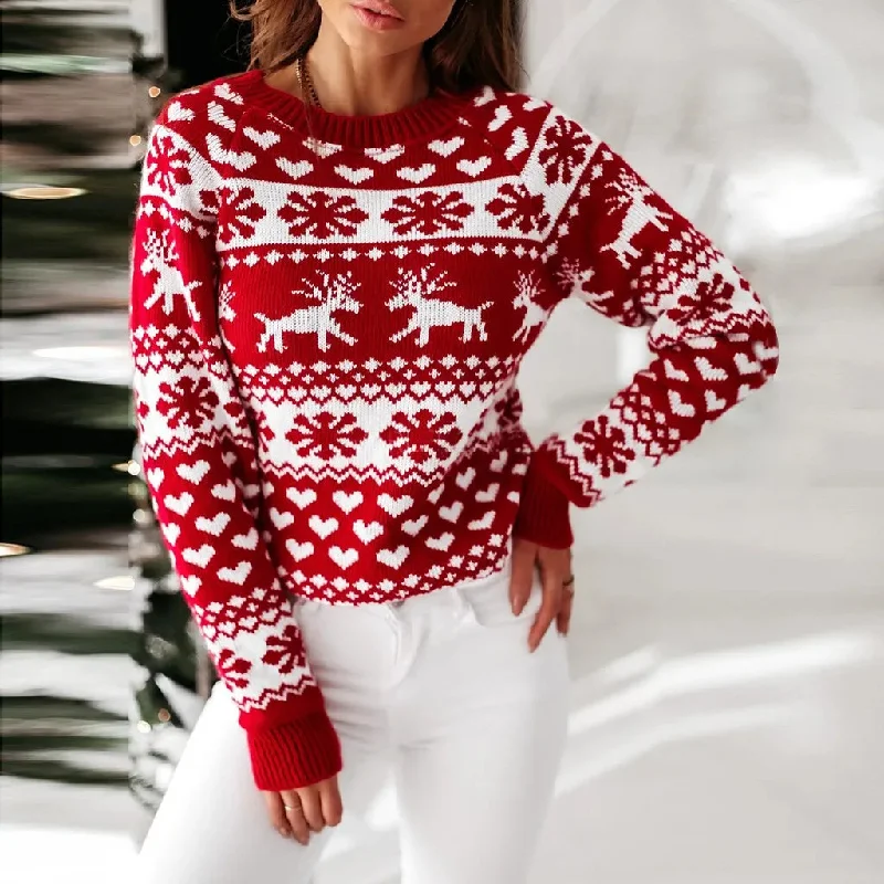 women’s business casual tops-Y2K Moose Print Long Sleeve Christmas Sweater with Thicken Warmth