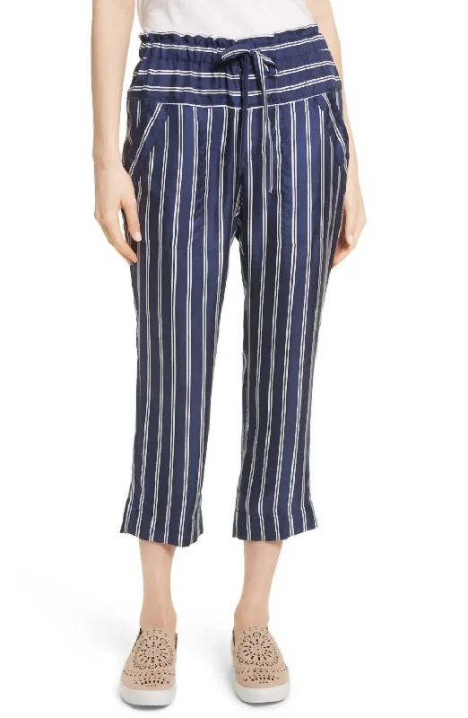 women’s casual fall tops-Addiena Silk Striped Capri Pants In Navy/white