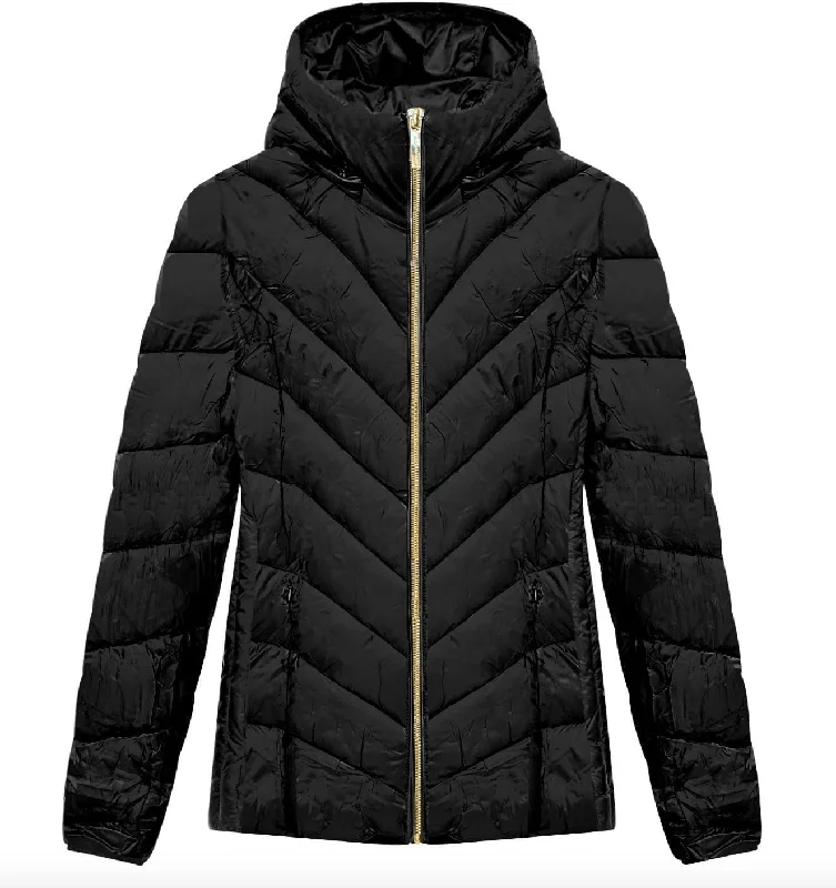 women’s chic fall fashion dresses-Michael Michael Kors Women's Black Chevron Quilted Short Packable Jacket Coat