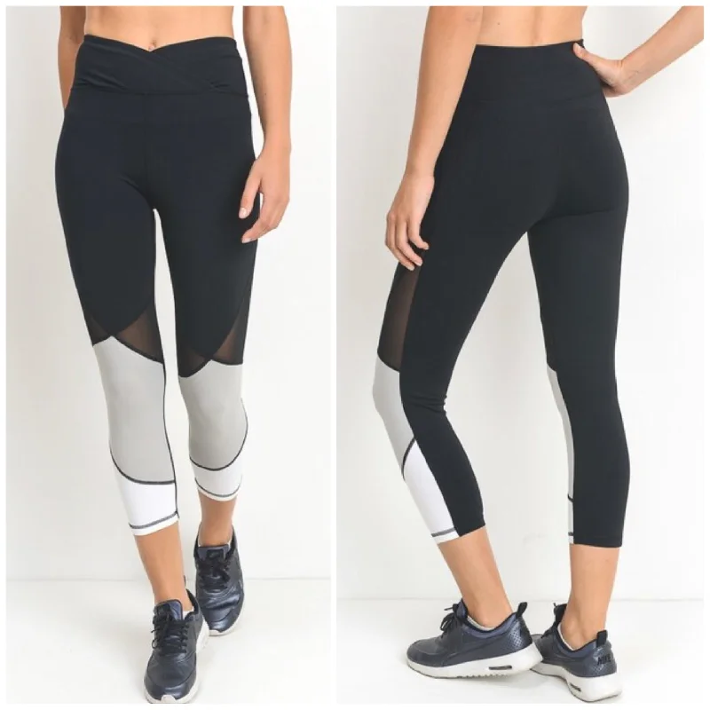 women’s stylish winter jumpers-High Waist Capri Leggings Athletic Workout Color Block Mesh Pants S M L Black