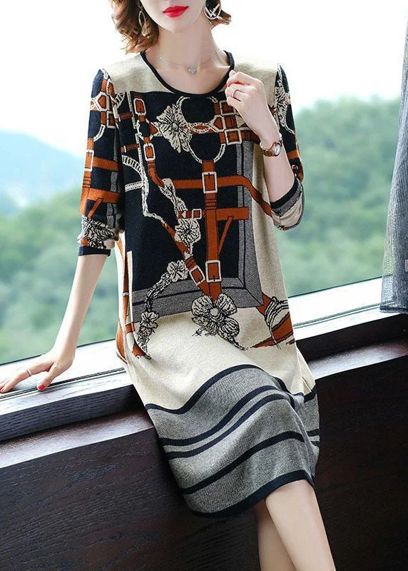 women’s trendy fall cardigans-Modern Beige O-Neck Print Knit Sweater Dress Long Sleeve