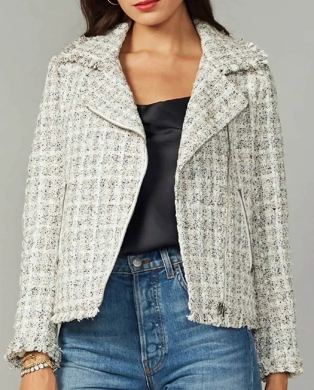 women’s cozy activewear sets-Vera Tweed Moto Jacket In Ivory