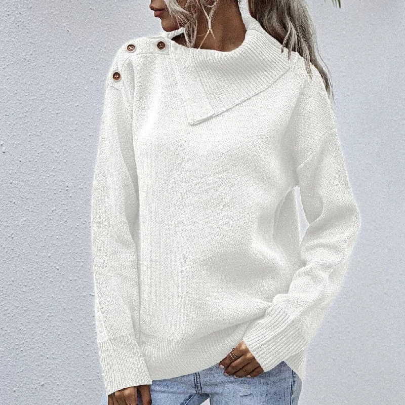 women’s cozy jackets for winter-DressBetty - Winter Warm Women Fashion Solid Color Button Turtleneck Causal Loose Long Sleeves Socket Sweater Pullovers Tops Pull Femme