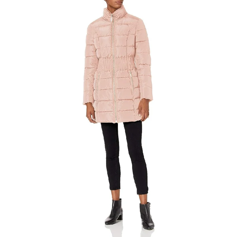 women’s fashion cardigans-LAUNDRY BY SHELLI SEGAL Women 3/4 Puffer Cinched Waist Faux Fur Hood Dusty Pink