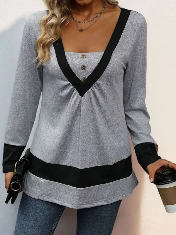 women’s elegant evening jackets-Contrast Long Sleeve T-Shirt